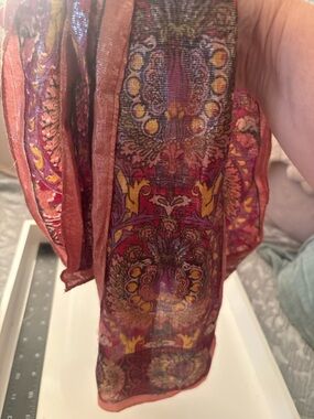 Beautiful Vintage Sheer Paisley Print Scarf in Wine, Coral and Gold